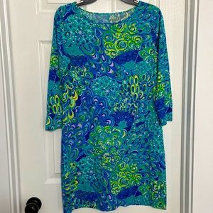 3/4 sleeve dress with blue green yellow pink pattern
